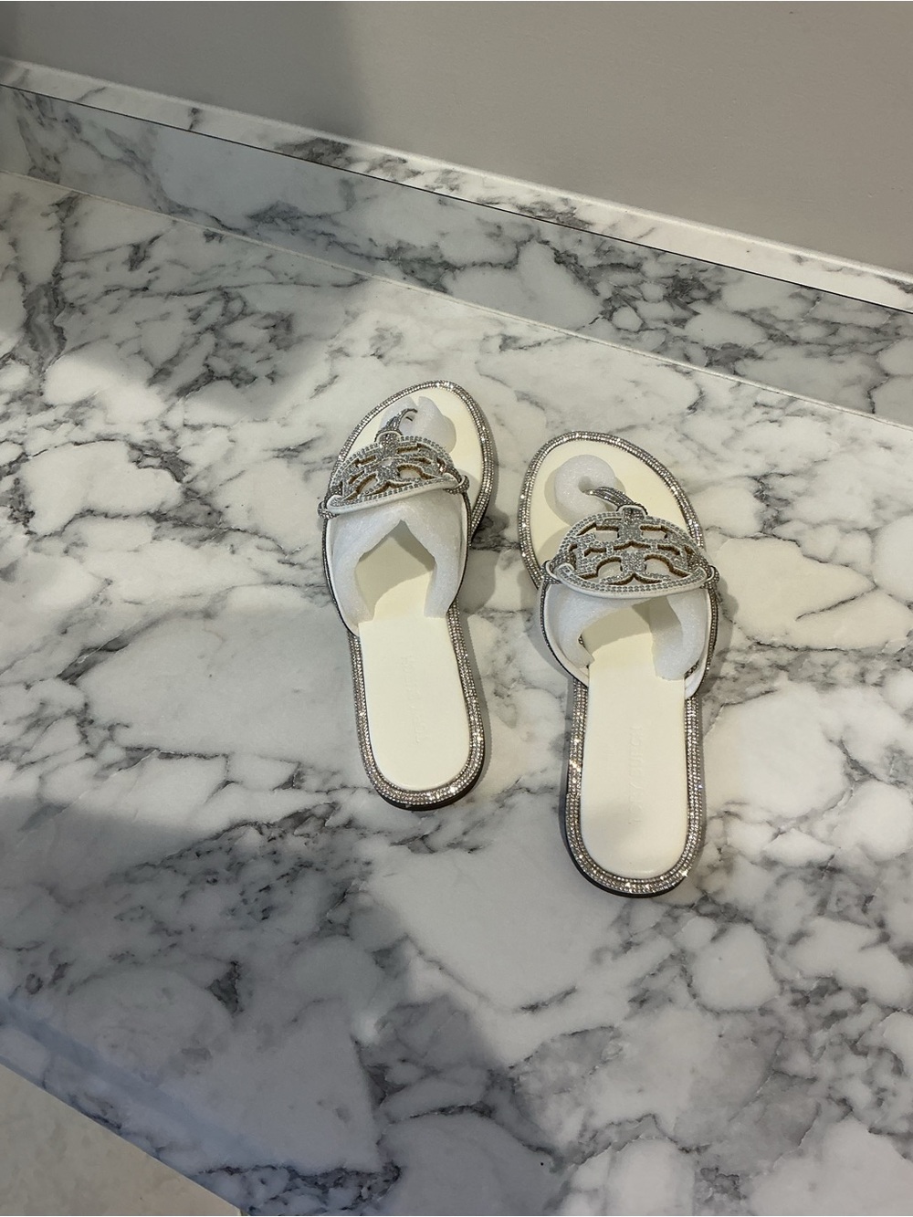 Tory Burch White and Silver Crystal Logo T‑Strap Sandals - Picture 2 of 4